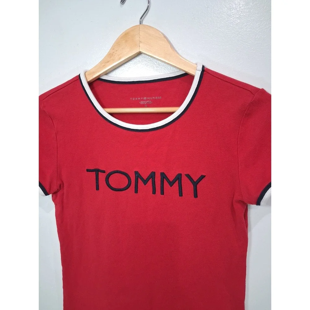 Tommy Hilfiger Y2K Womens Red Embroidered Logo Ringer T-Shirt‎ Med Short Sleeve